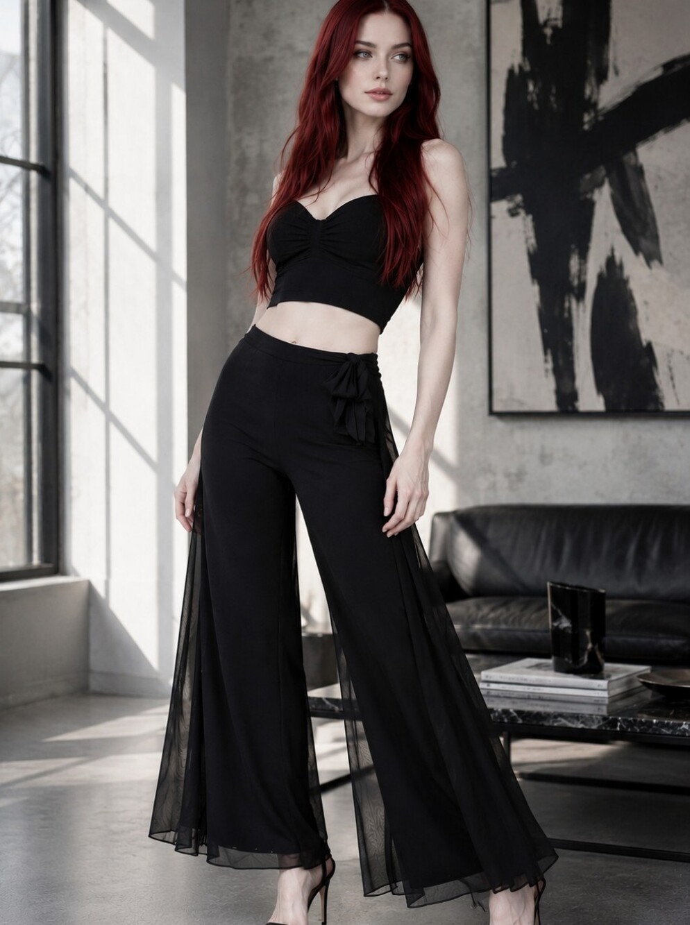 Alex Evenings Petite SP Black Wide Leg Mesh Overlay Pants Sash Tie Formal CC